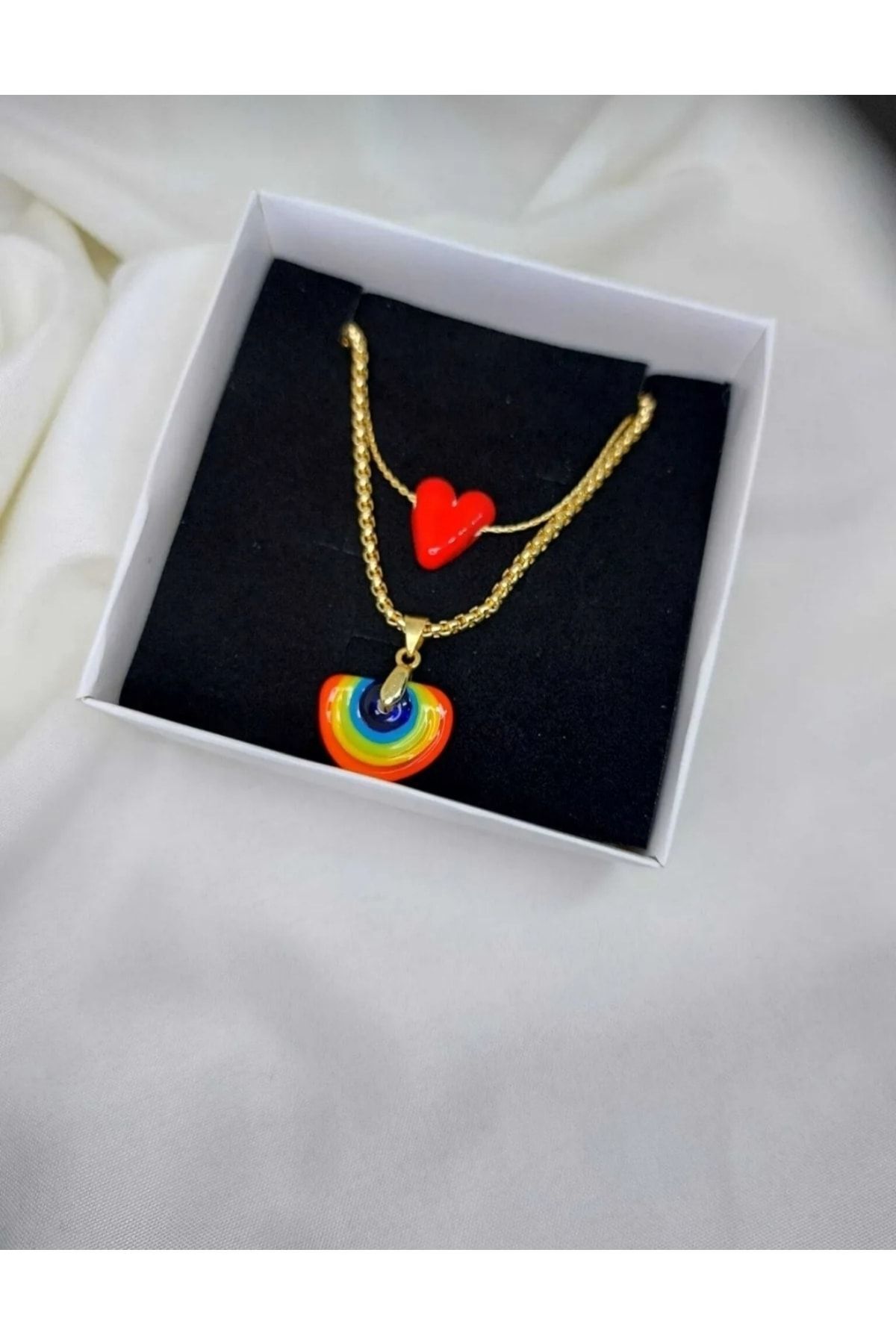 Murano Gökkuşağı Kırmızı Kalp Kolye Ikili Set