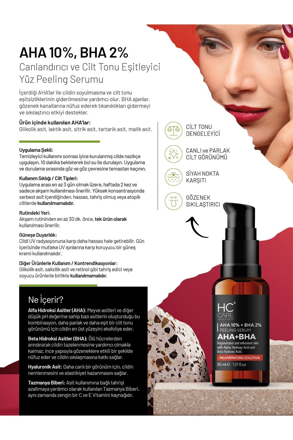 سرم لایه بردار صورت احیا کننده پوست یکسان کننده Aha 10% - Bha 2% - 30 ml. HC Care