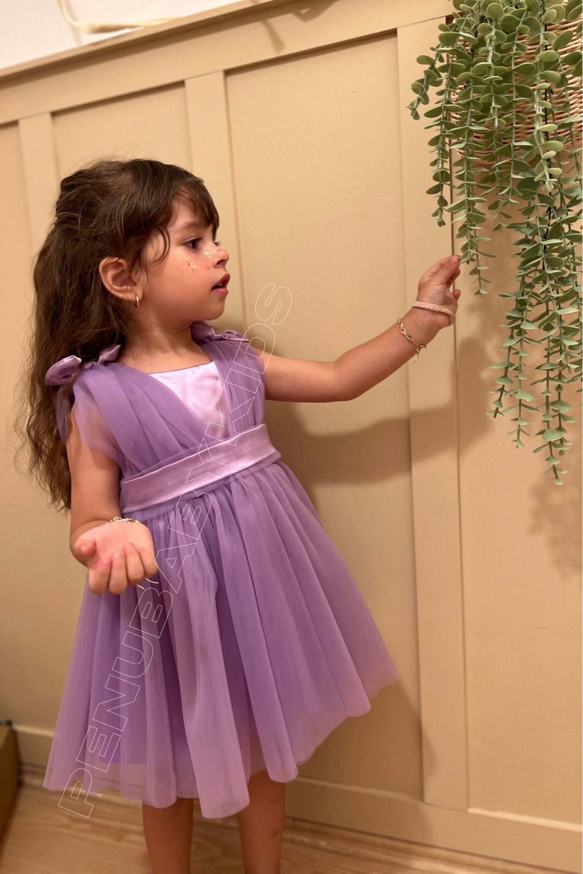 penu baby kids Lila Omuzdan Fiyonklu Tül Kız Bebek Elbise - Bow fotoğrafı 4 (önizleme)