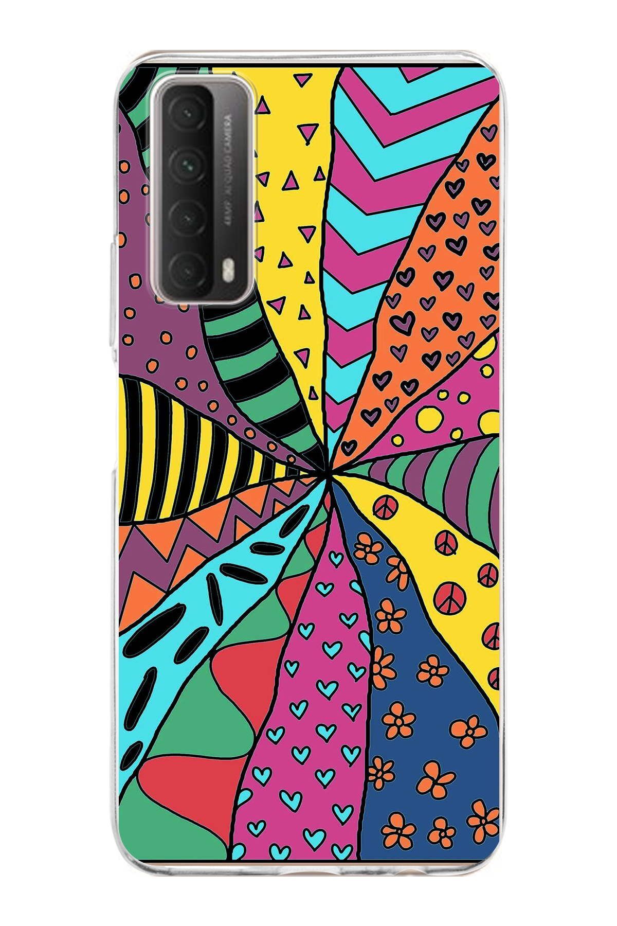 Huawei P Smart 2021 ile Uyumlu 1mm Slim Fit Retro Renkler 4 Baskılı Şeffaf Kılıf
