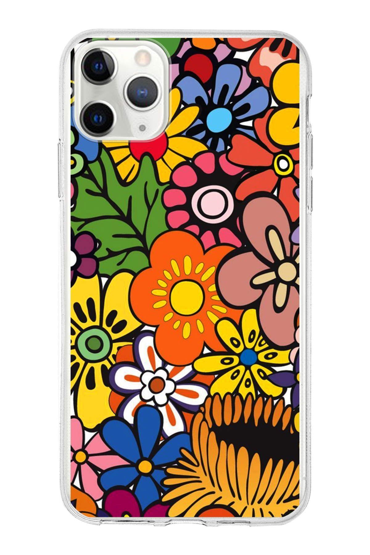Apple iPhone 11 Pro Max ile Uyumlu 1mm Slim Fit Retro Renkler 2 Baskılı Şeffaf Kılıf