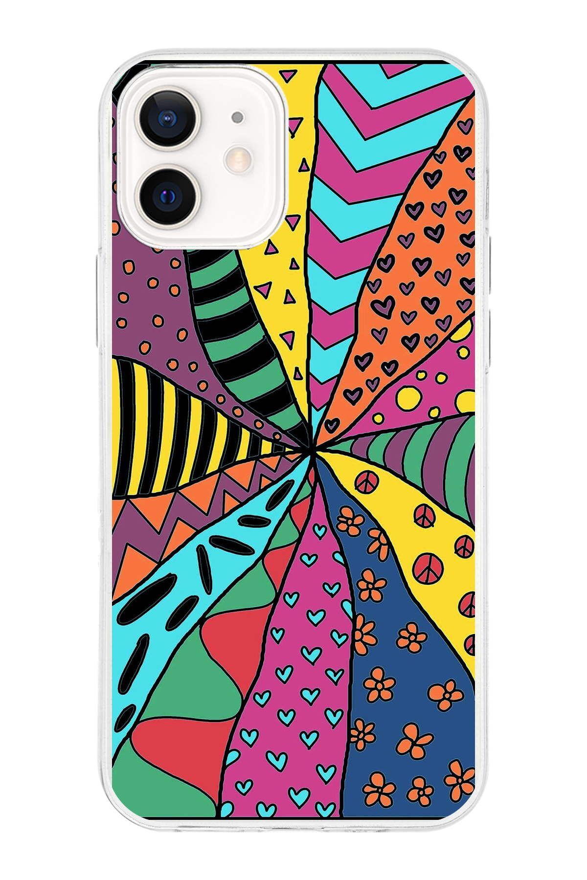 Apple iPhone 12 Mini ile Uyumlu 1mm Slim Fit Retro Renkler 4 Baskılı Şeffaf Kılıf