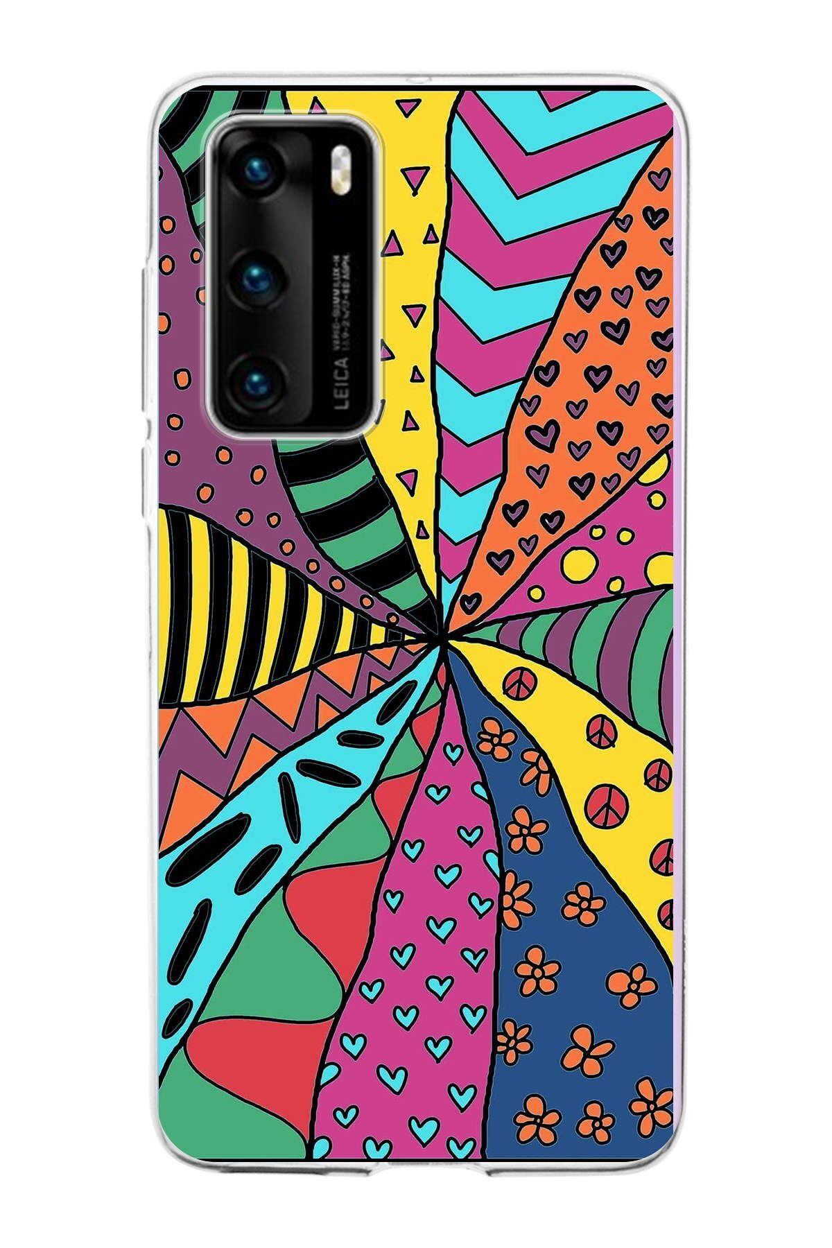 Huawei P40 ile Uyumlu 1mm Slim Fit Retro Renkler 4 Baskılı Şeffaf Kılıf
