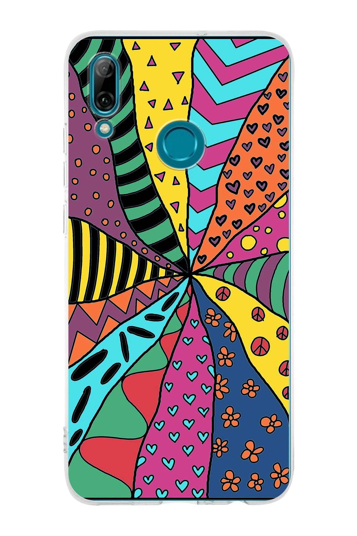 Huawei P Smart 2019 ile Uyumlu 1mm Slim Fit Retro Renkler 4 Baskılı Şeffaf Kılıf