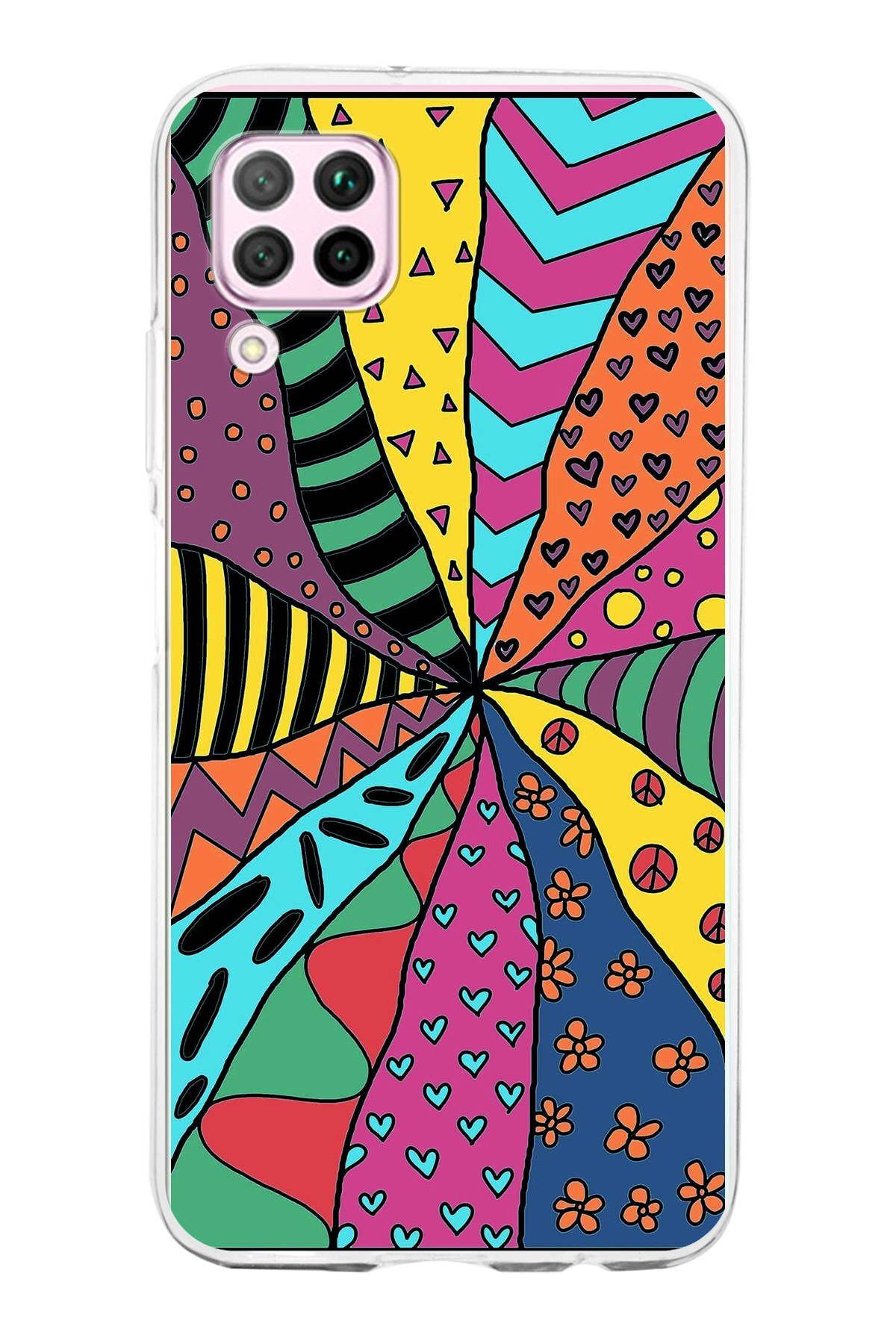 Huawei P40 Lite ile Uyumlu 1mm Slim Fit Retro Renkler 4 Baskılı Şeffaf Kılıf