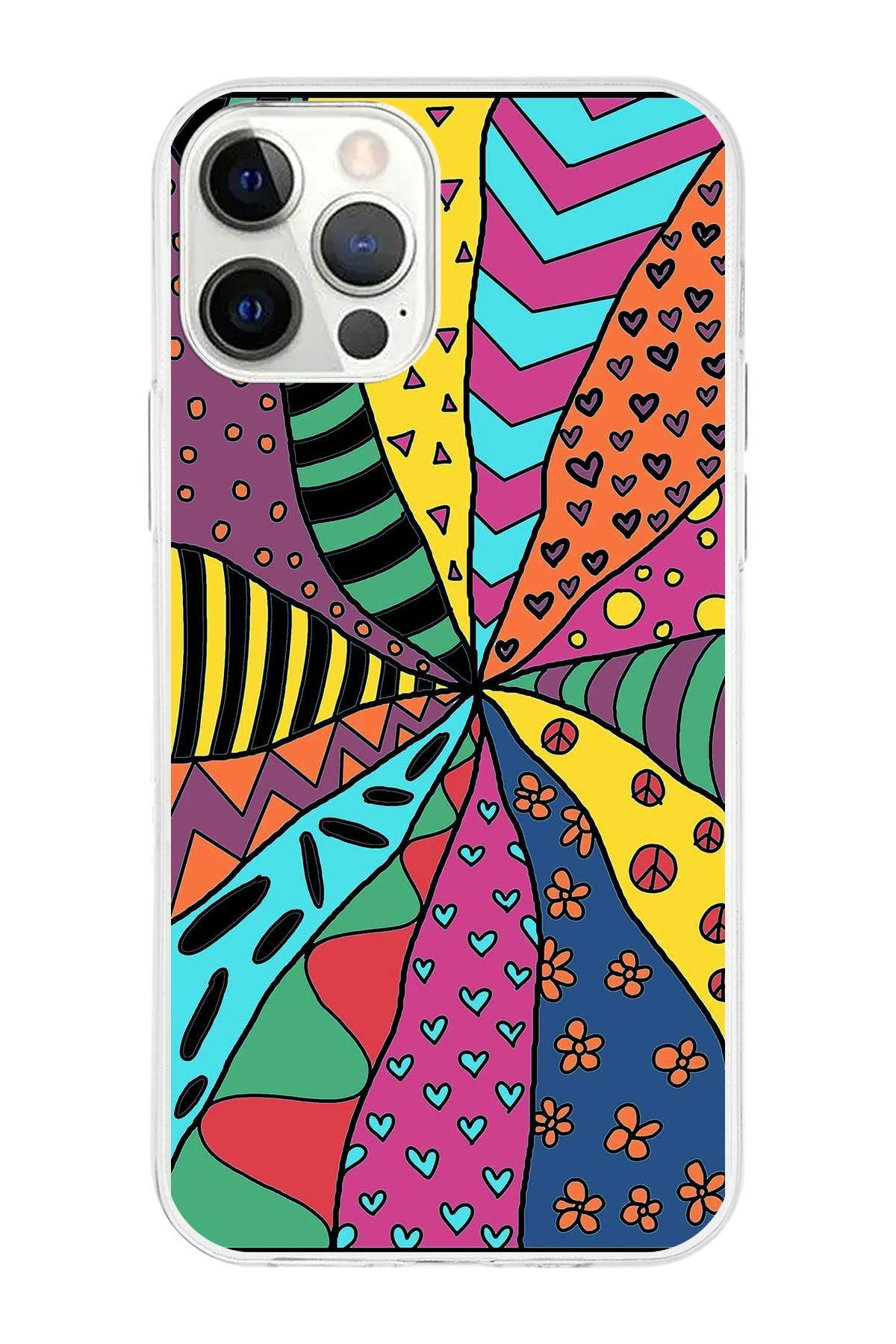 Apple iPhone 12 Pro Max ile Uyumlu 1mm Slim Fit Retro Renkler 4 Baskılı Şeffaf Kılıf