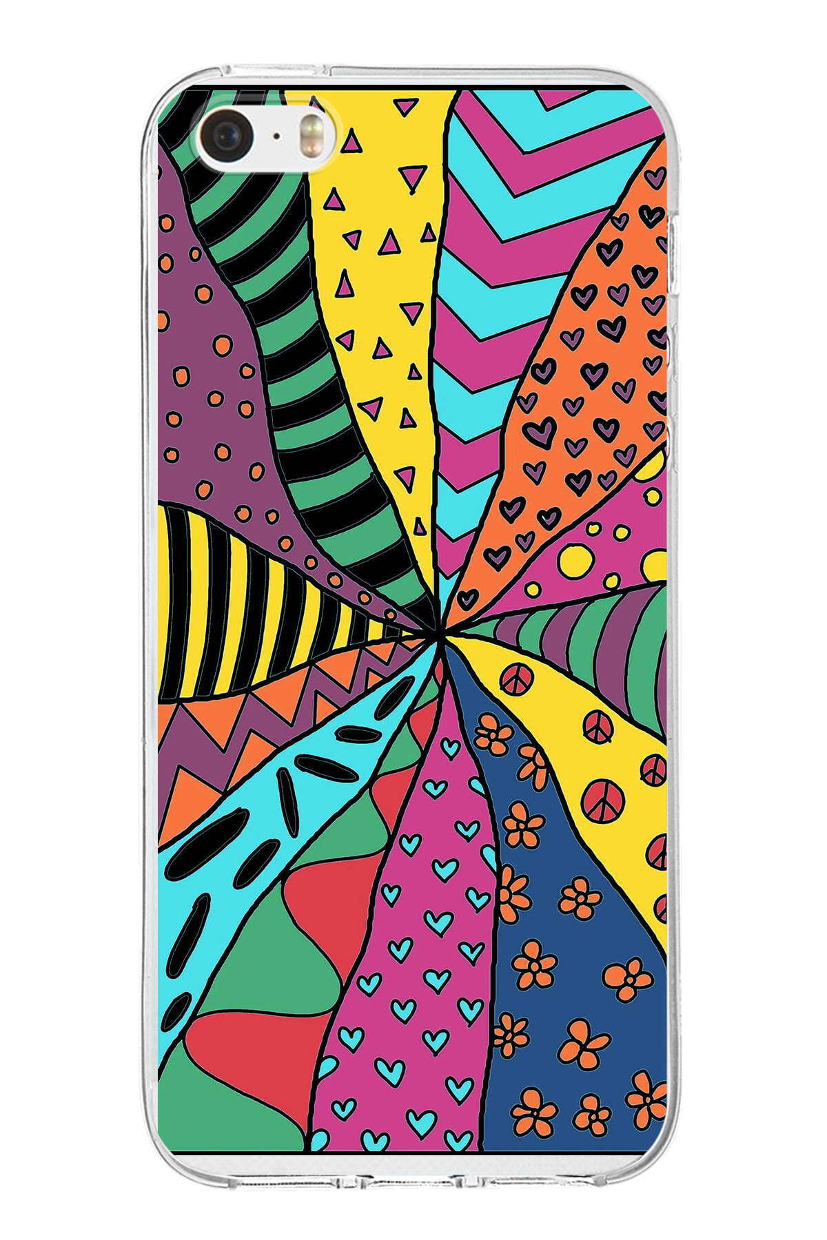 Apple iPhone 5S ile Uyumlu 1mm Slim Fit Retro Renkler 4 Baskılı Şeffaf Kılıf