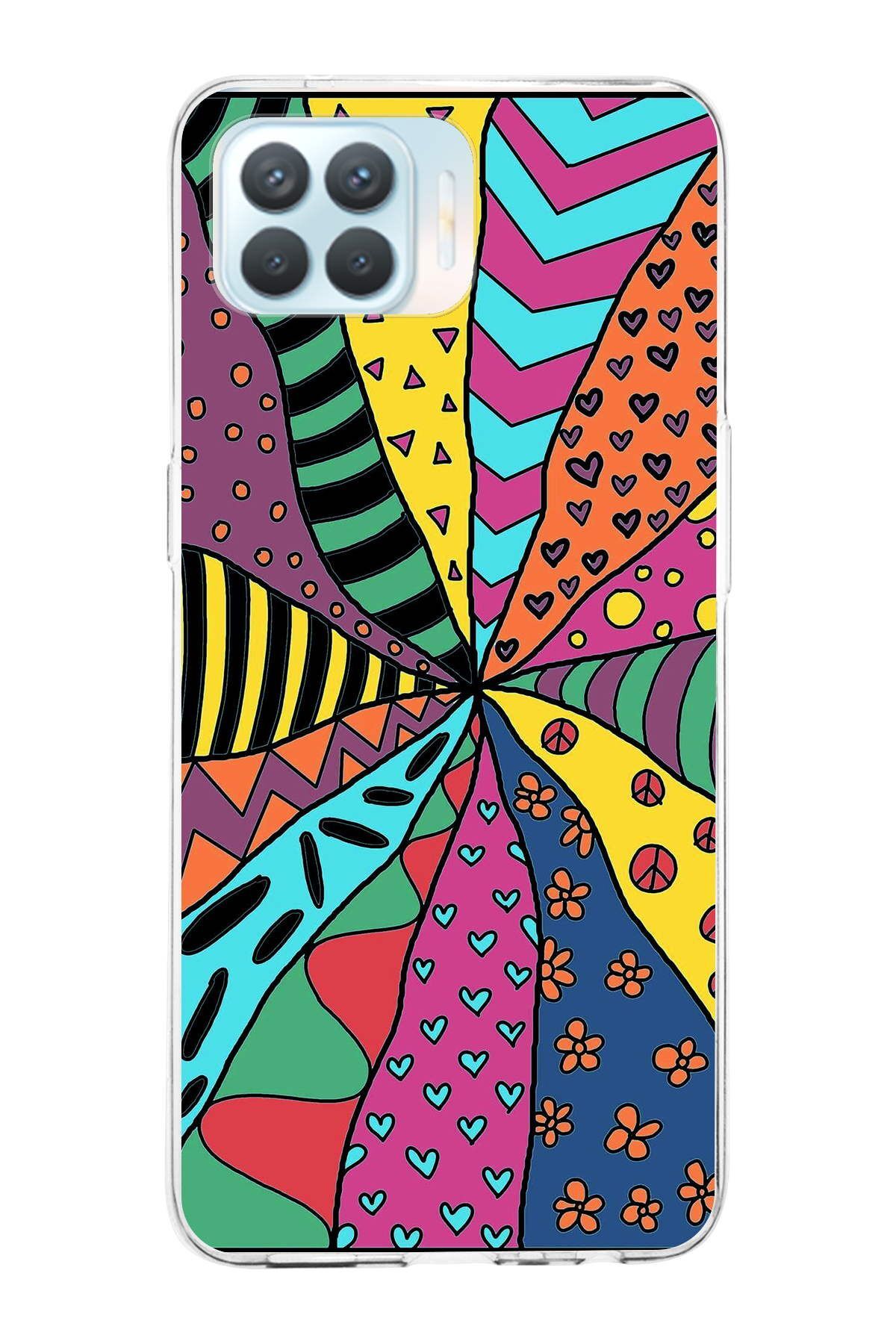 Oppo Reno 4 Lite ile Uyumlu 1mm Slim Fit Retro Renkler 4 Baskılı Şeffaf Kılıf