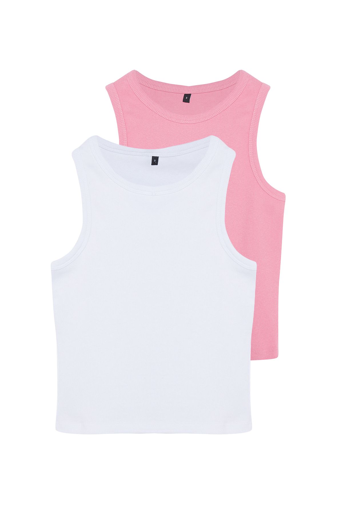 Trendyol Collection-Pack of 2 Pink and White Crop Halter Collar Undershirt - Flexible Corded Knitted TWOSS21AL0058 7