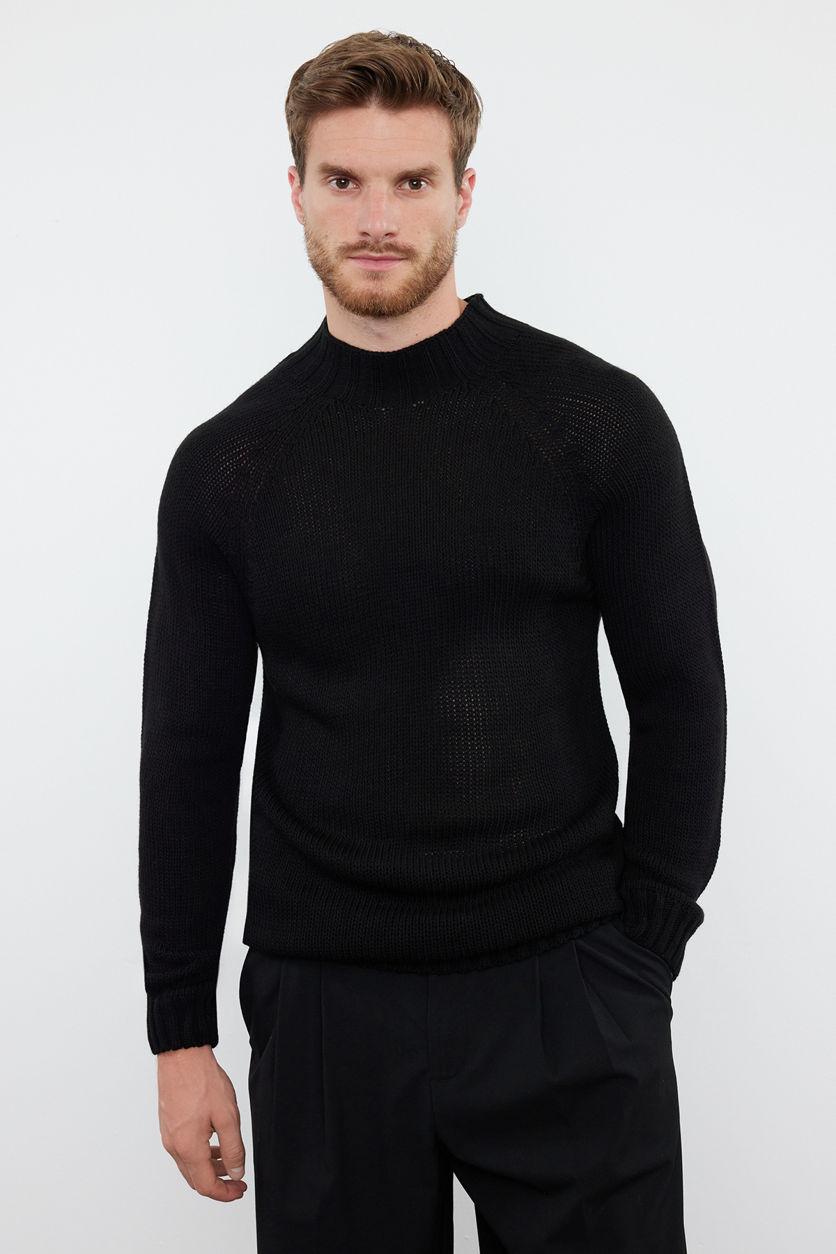 Trendyolmilla Man Siyah Slim Fit Dar Kesim Yarım Balıkçı Yaka Reglan Kol Basic Triko Kazak TMNAW25KZ00002