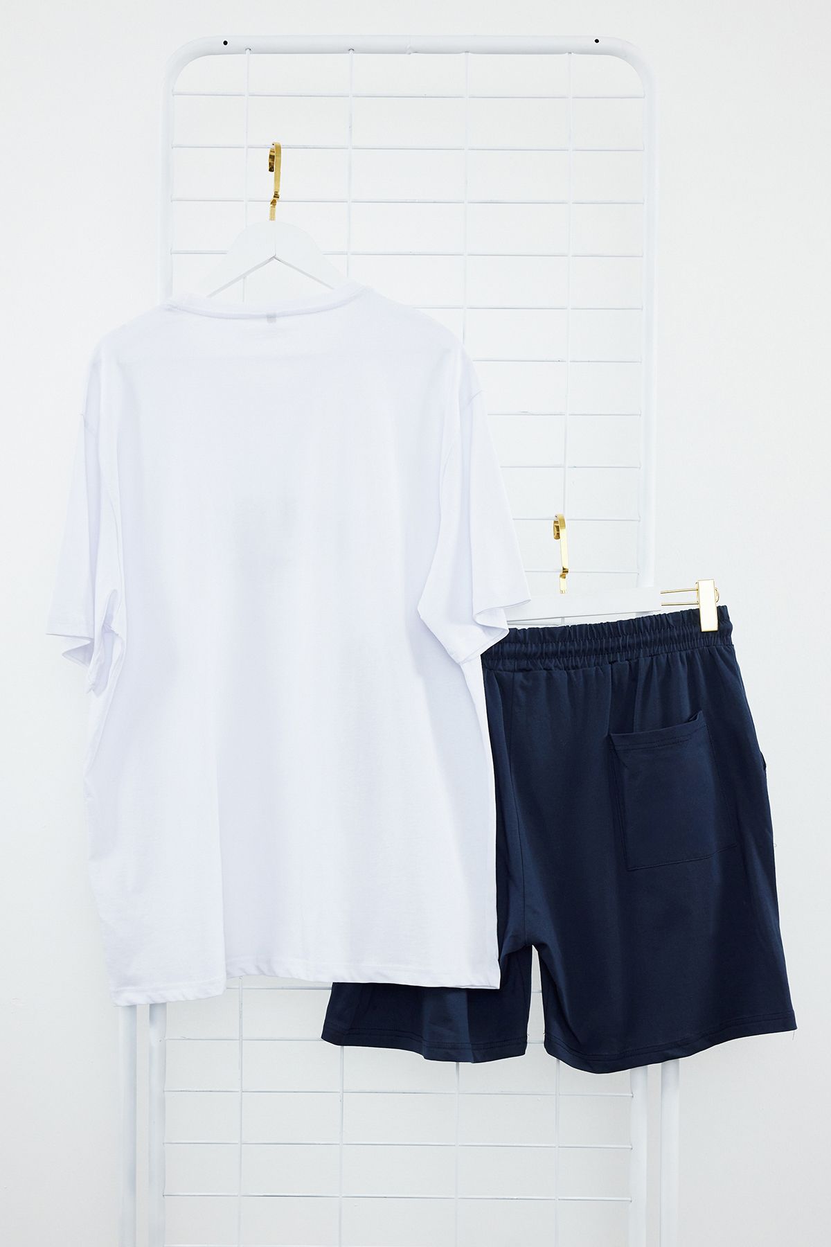 Trendyol Collection-Ecru Navy Blue Regular Fit Printed Plus Size Pajama Set with Shorts TMNSS24AI00005 9