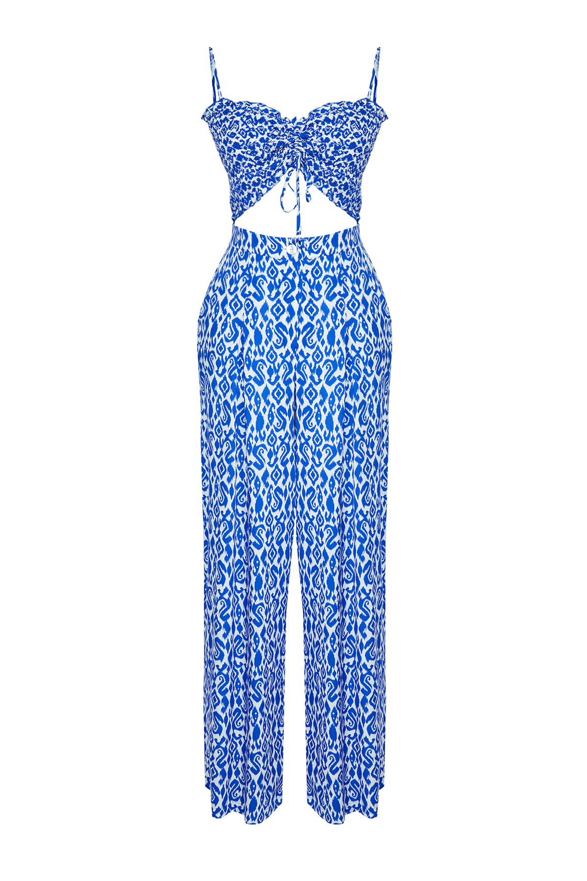 Trendyolmilla  Etnik Desenli Desenli Dokuma Gipeli Straplez Bluz Pantolon Plaj Takım TBESS24AU00032 - Görsel 6