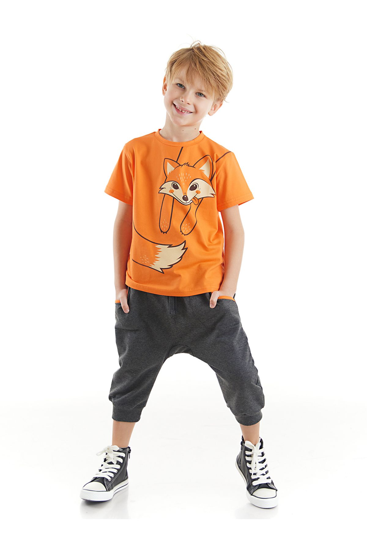 Denokids Orange Fox Boy Футболка Капри и шорты CFF-23Y1-049