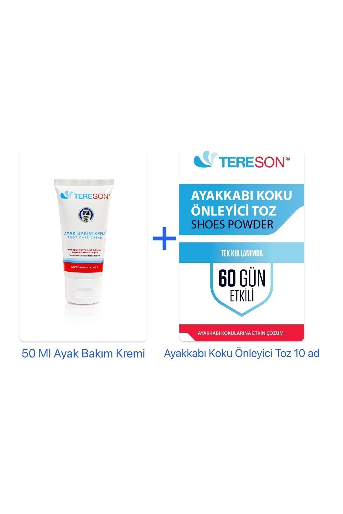کرم مراقبت از پا ضد بو 50 میلی لیتر (یون نقره) + پودر ضد بو کفش 10 عدد در 1 جعبه Tereson