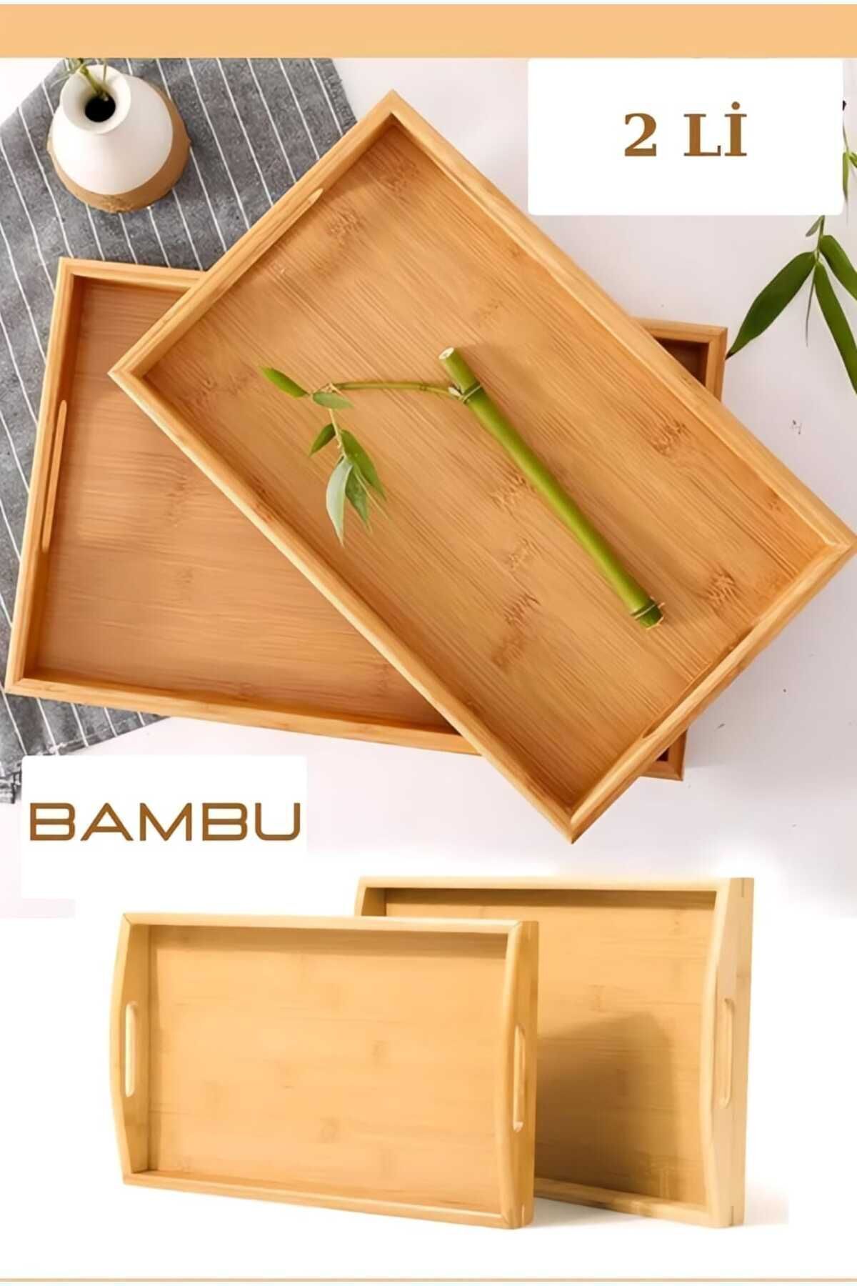 2'Lİ Kulplu Bambu Ahşap Dikdörtgen Çay Kahve Servis Lüx Sunum Tepsi 33CM&40CM