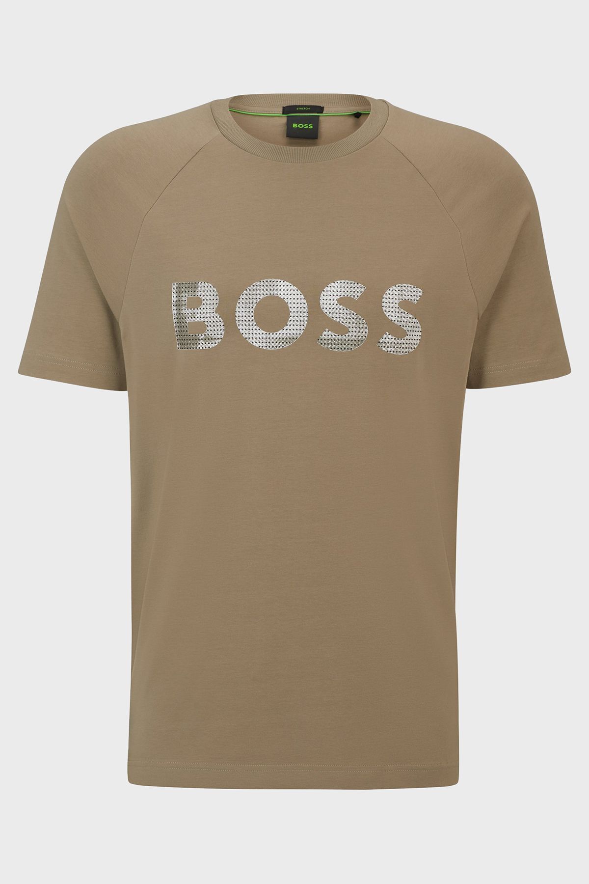 تی شرت سبز مردانه یقه دوچرخه پنبه ای کشش آرم به طور منظم پیراهن 334 BOSS
