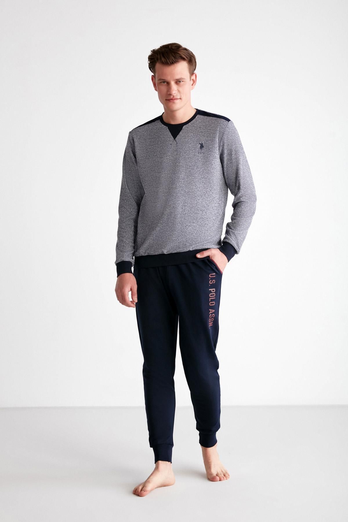 ست پیژامه آبی مردانه لباس خواب آستین بلند 2 نخ و دار U.S. Polo Assn.