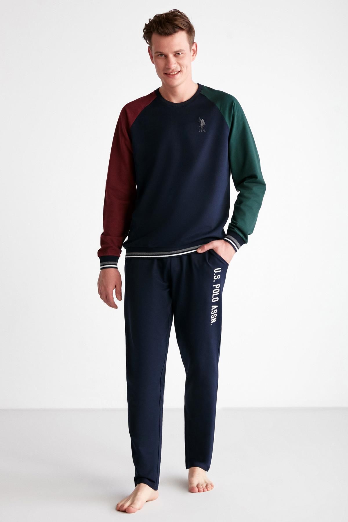 ست پیژامه آبی مردانه لباس خواب زمستانی 2 نخ، آستین های یقه گرد با سرآستین و جیب U.S. Polo Assn.
