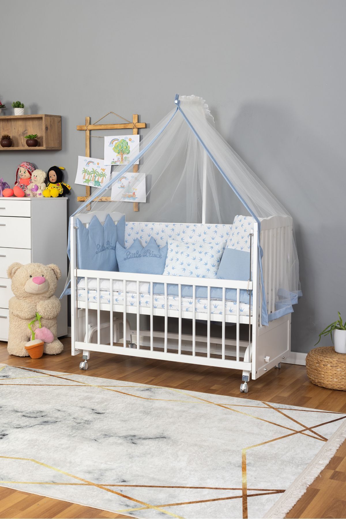 Bamgidoo Ahşap Beşik Anne Yanı Beşik Beyaz 60x120 Mavi Prens (ERKEK) Uyku Seti Yatak Tekerlekli