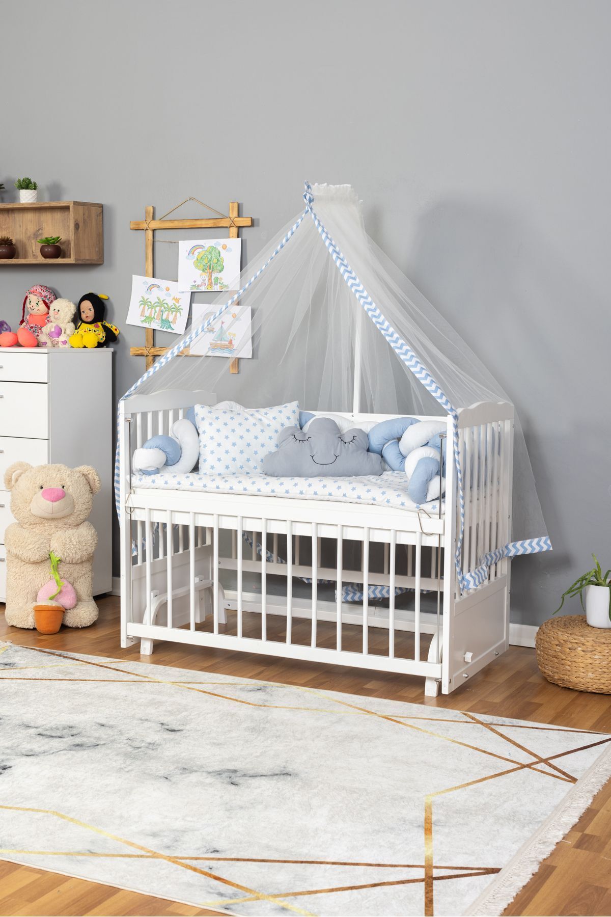 Bamgidoo Ahşap Beşik Anne Yanı Beşik Beyaz 60x120 - Mavi Beyaz Örgü Uyku Seti Seti + Yatak