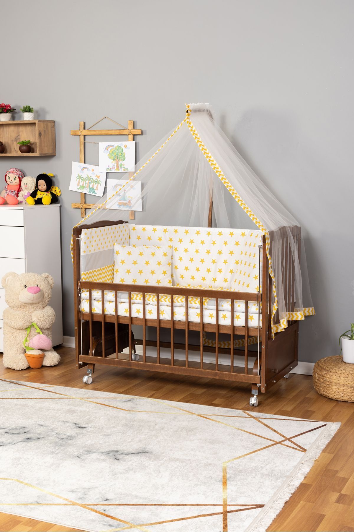Bamgidoo Ahşap Beşik Anne Yanı Beşik Ceviz 60x120 - Sarı Yıldız Tek Yastık Uyku Seti + Yatak + Tekerlekli