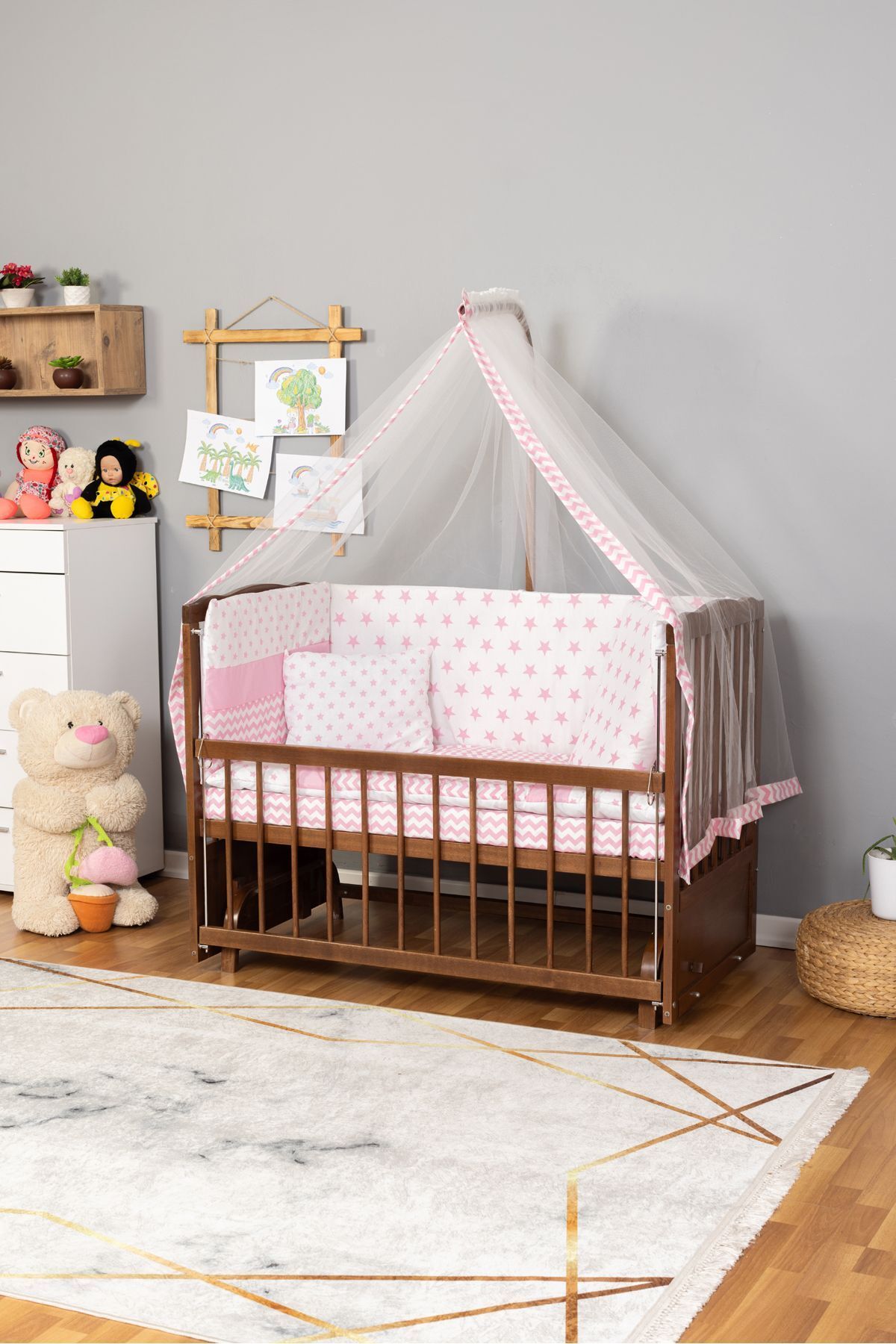 Bamgidoo Ahşap Beşik Anne Yanı Beşik Ceviz 60x120 - Pembe Yıldız Tek Yastık Uyku Seti + Yatak
