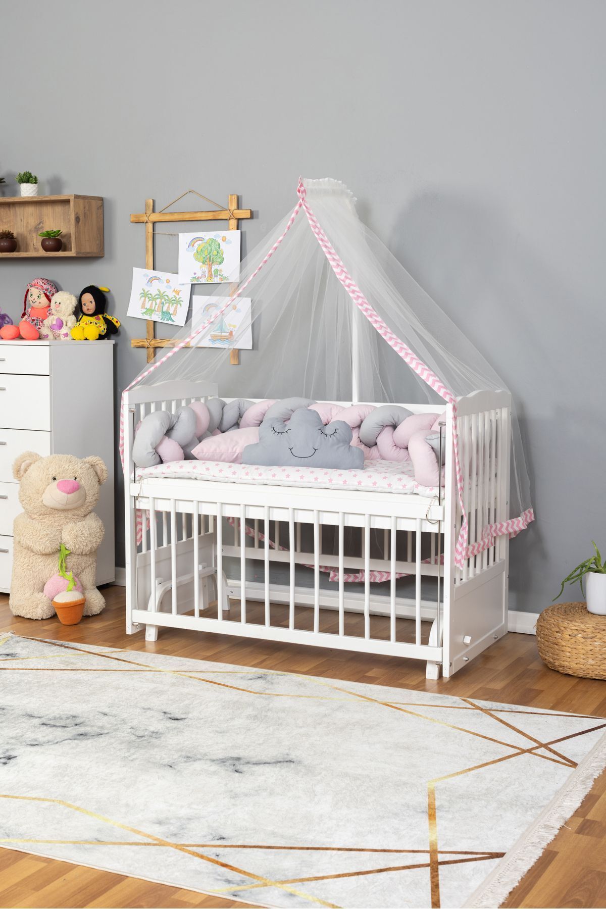 Bamgidoo Ahşap Beşik Anne Yanı Beşik Beyaz 60x120 - Pembe Gri Örgü Uyku Seti Seti + Yatak