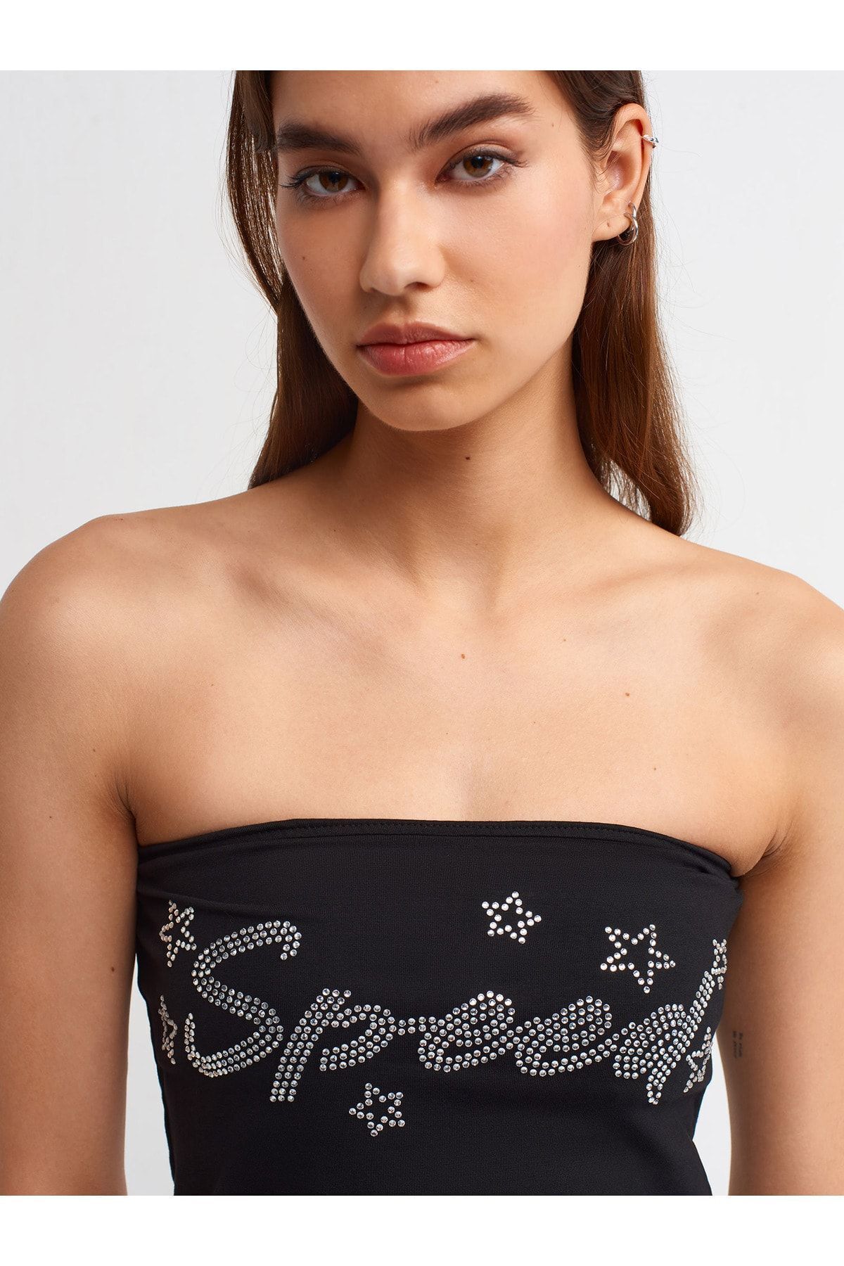 Dilvin-20668 Crop Top cu imprimeu Stone-Negru 3