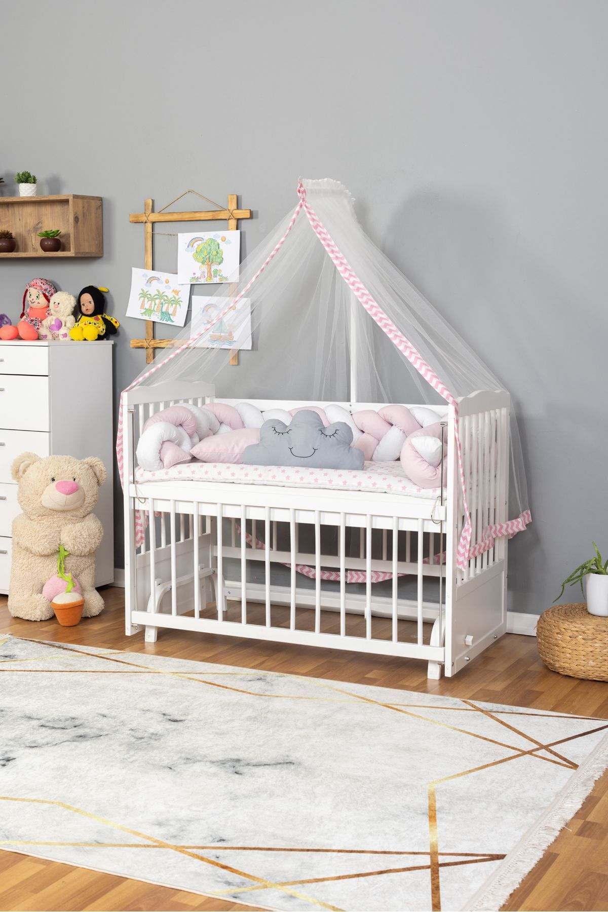 Bamgidoo Ahşap Beşik Anne Yanı Beşik Beyaz 60x120 - Pembe Beyaz Örgü Uyku Seti Seti + Yatak