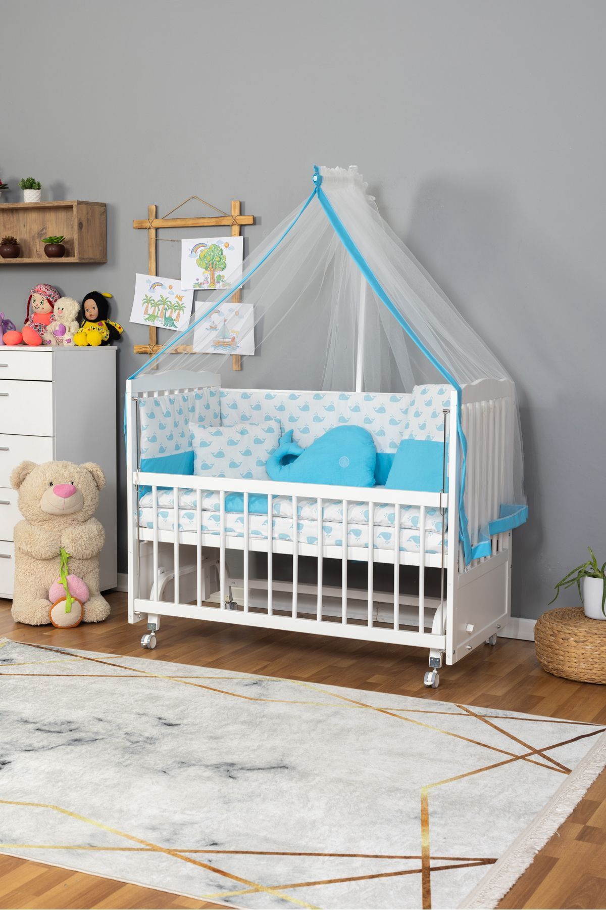 Bamgidoo Ahşap Beşik Anne Yanı Beşik Beyaz 60x120 - Mavi Balina Uyku Seti Yatak Tekerlekli
