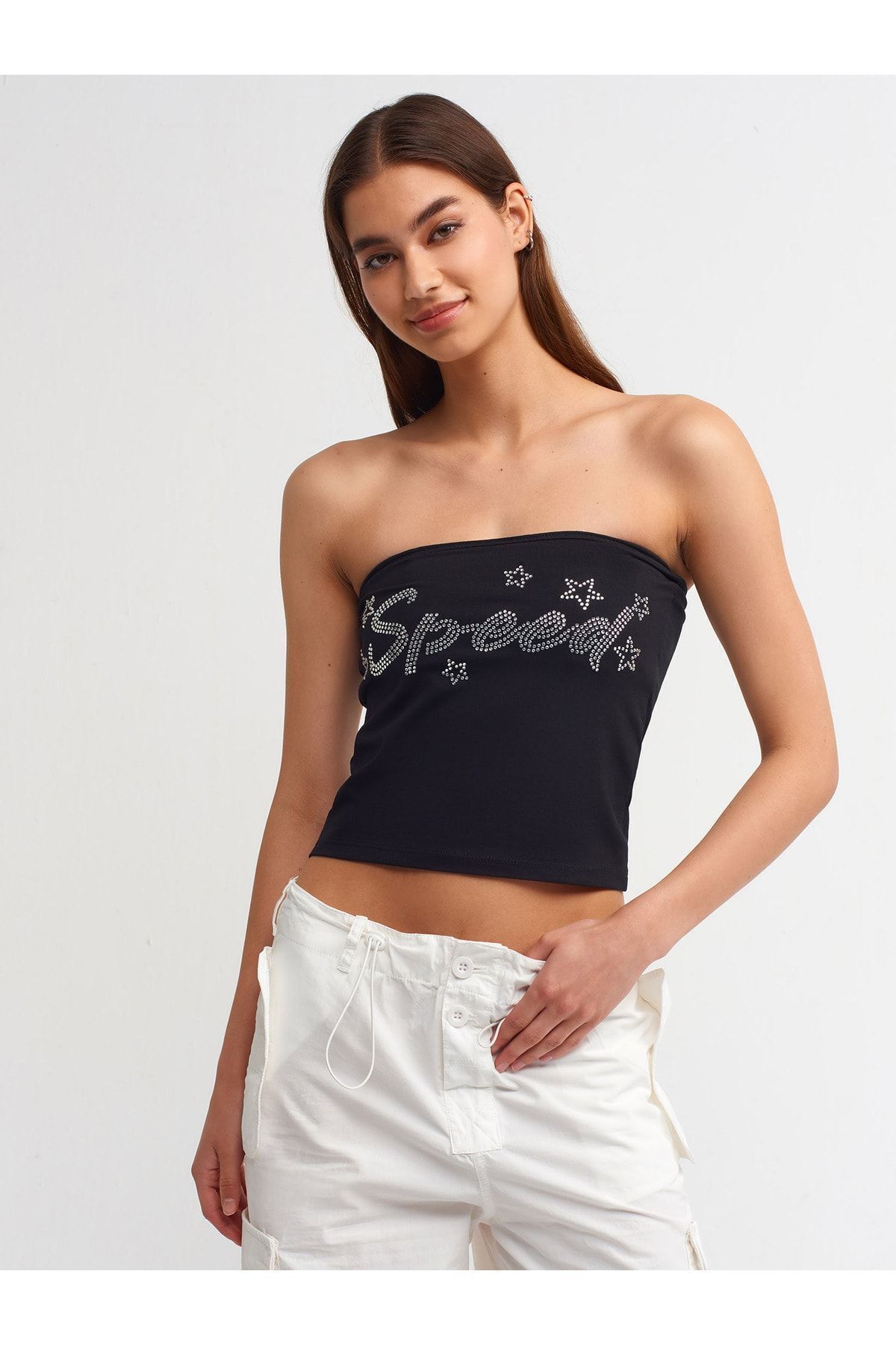 Dilvin-20668 Crop Top cu imprimeu Stone-Negru 1