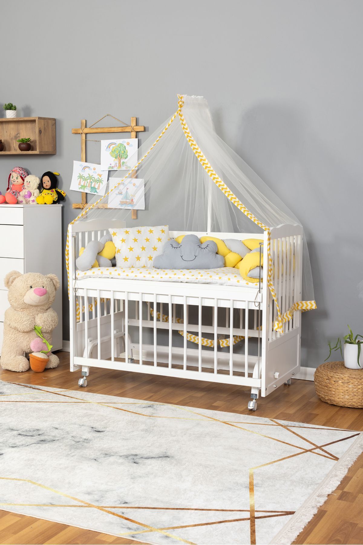 Bamgidoo Ahşap Beşik Anne Yanı Beşik Beyaz 60x120 - Sarı Gri Örgü Uyku Seti Seti + Yatak + Tekerlekli
