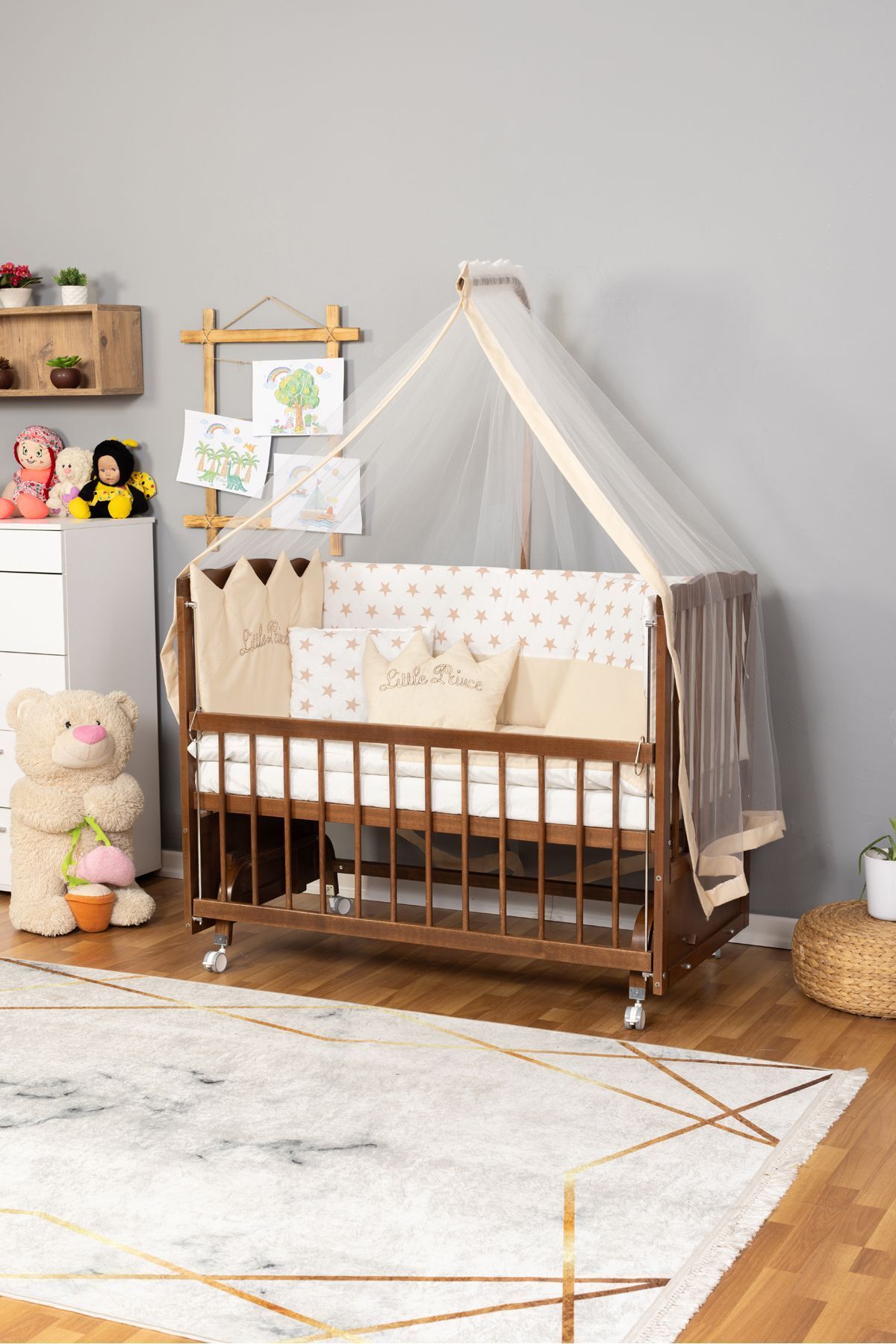 Bamgidoo Ahşap Beşik Anne Yanı Beşik Ceviz 60x120 Krem Prens (ERKEK) Uyku Seti Yatak Tekerlekli
