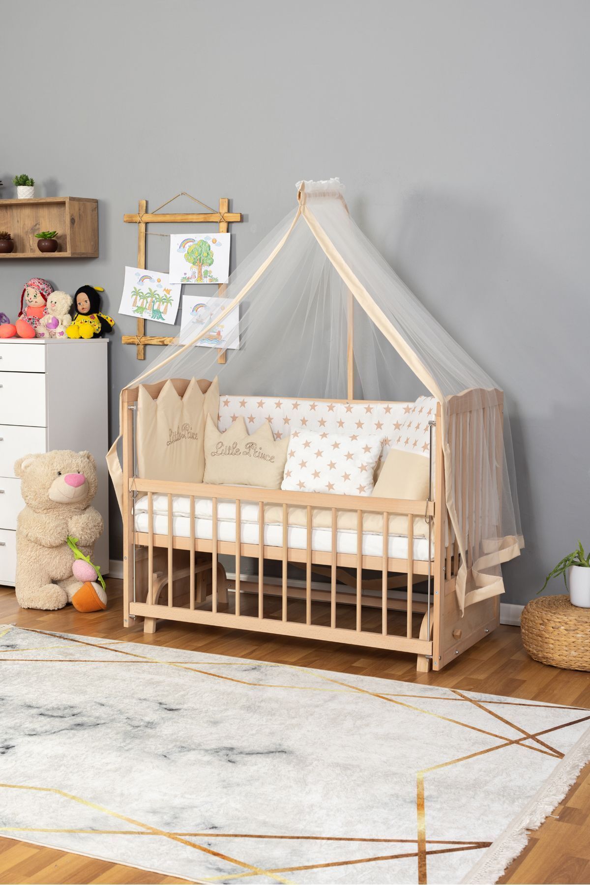 Bamgidoo Ahşap Beşik Anne Yanı Beşik Organik (BOYASIZ) 60x120 - Krem Prens (ERKEK) Uyku Seti Yatak