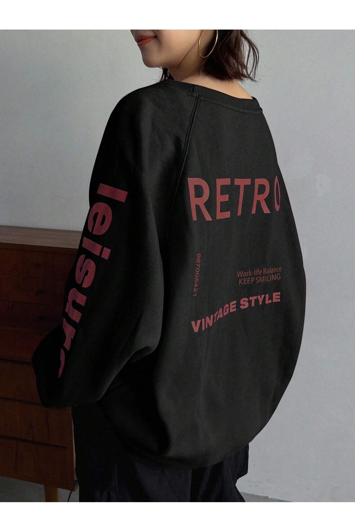 modaberry Retro Vintage Sweatshirt Siyah Bask l Oversize Kal n Bisiklet Yaka