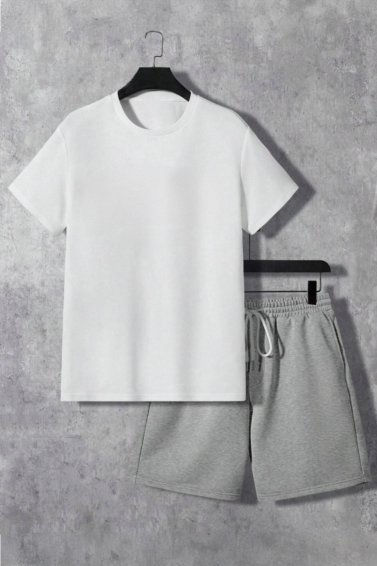 modaberry-Basic Plain T-Shirt Shorts - White Gray Shorts T-Shirt Bottom Top Set Crew Neck 1