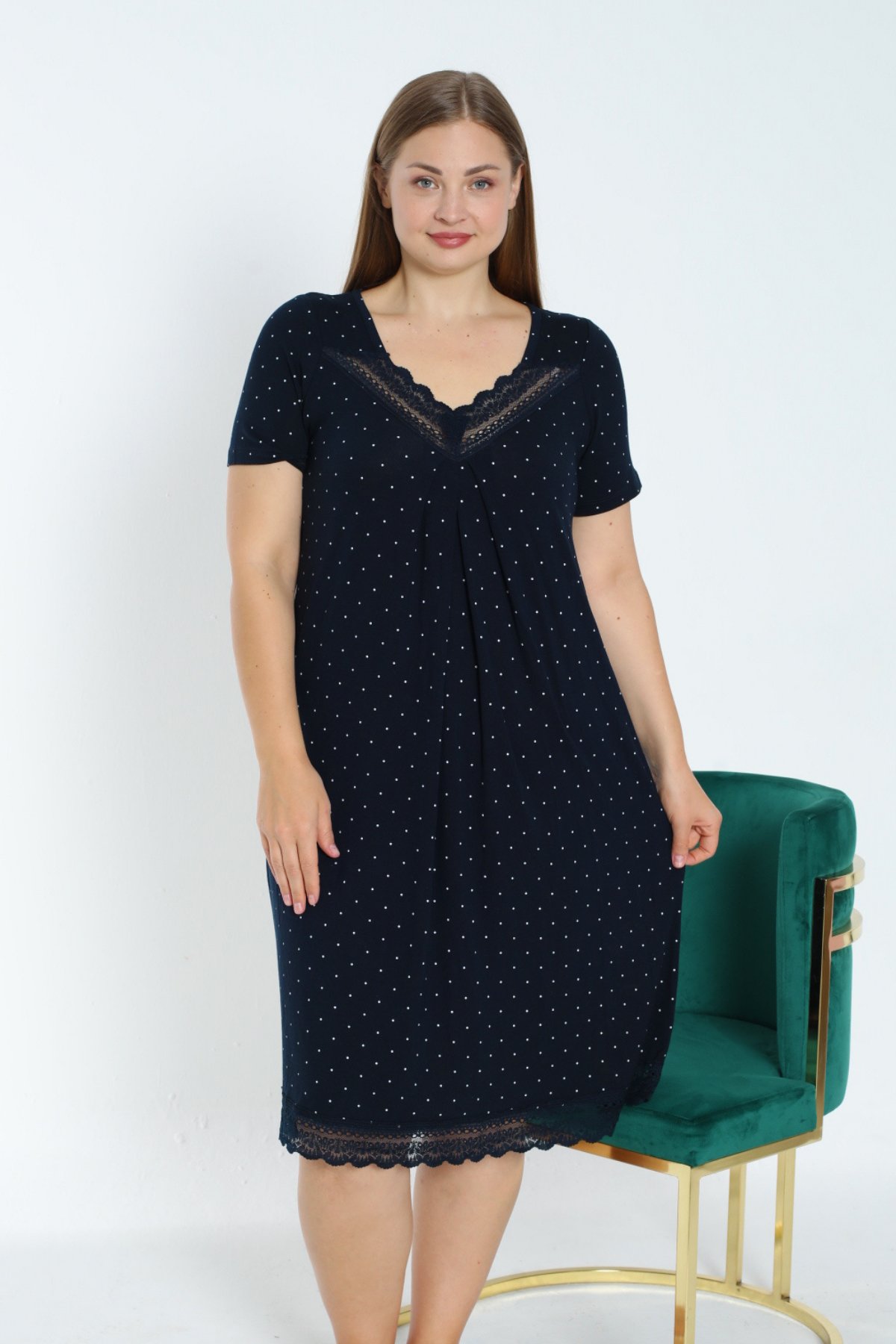 Lagertha by İntensive kadın lacivert dantelli büyük beden kısa kollu esnek viskon gecelik