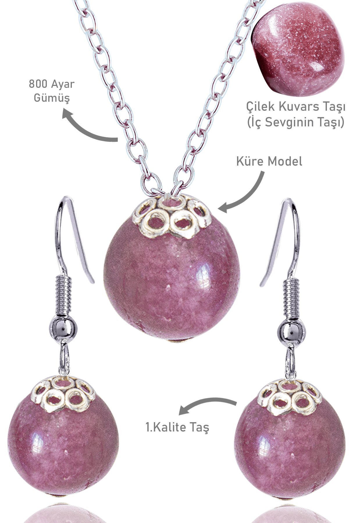 Sertifikalı Küre Model Çilek Kuvars Taşı Kolye ve Küpe Seti - Gümüş Aparatlı