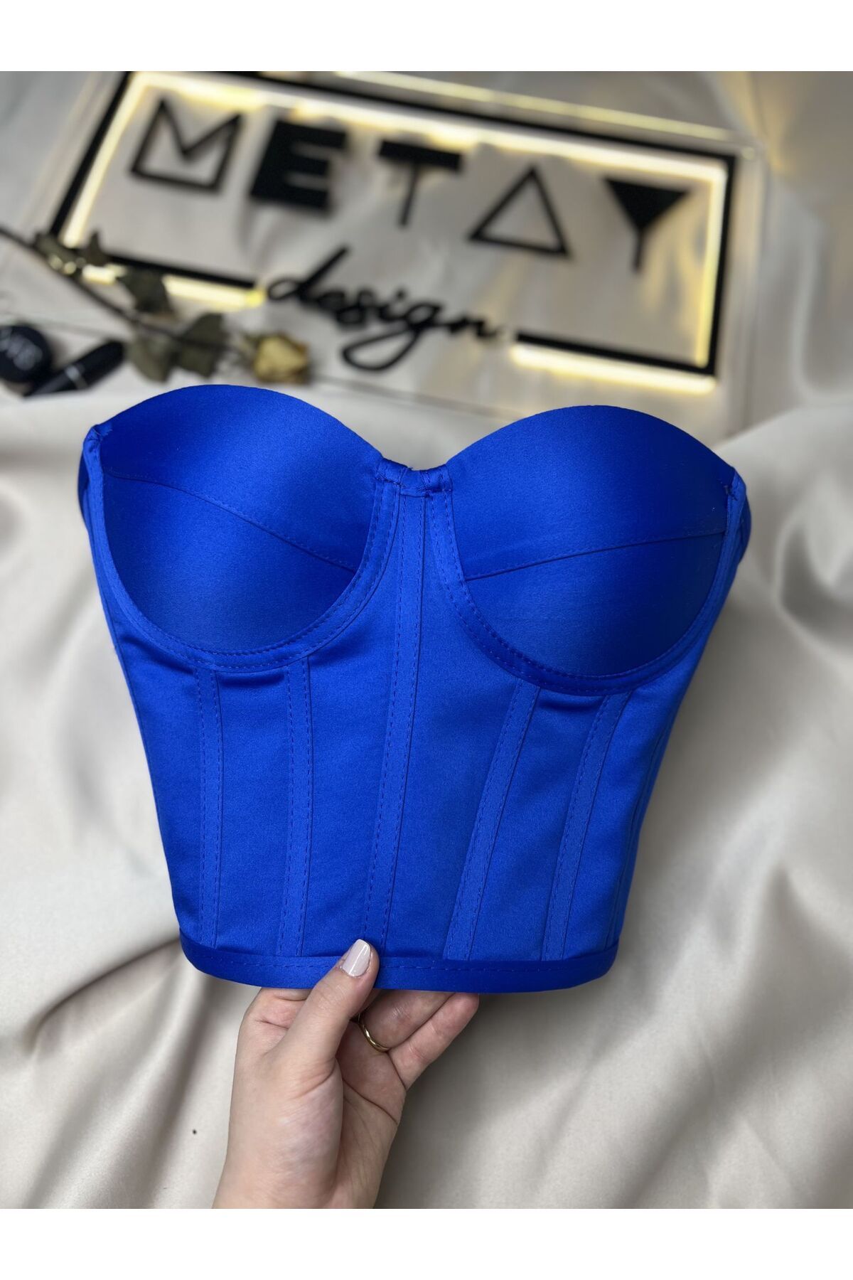 Metay Design Satin Model XL Color Saks Blue Corset Bustier Trendyol