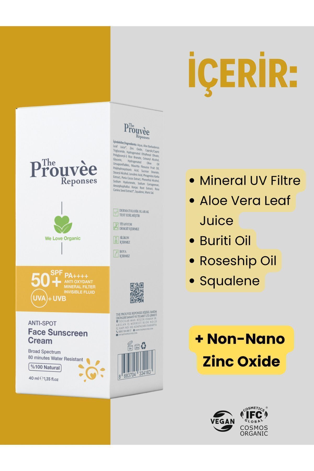 کرم ضدآفتاب ارگانیک ضد لک 50+SPF 100% طبیعی برای صورت 40 میلی لیتر The Prouvee Reponses