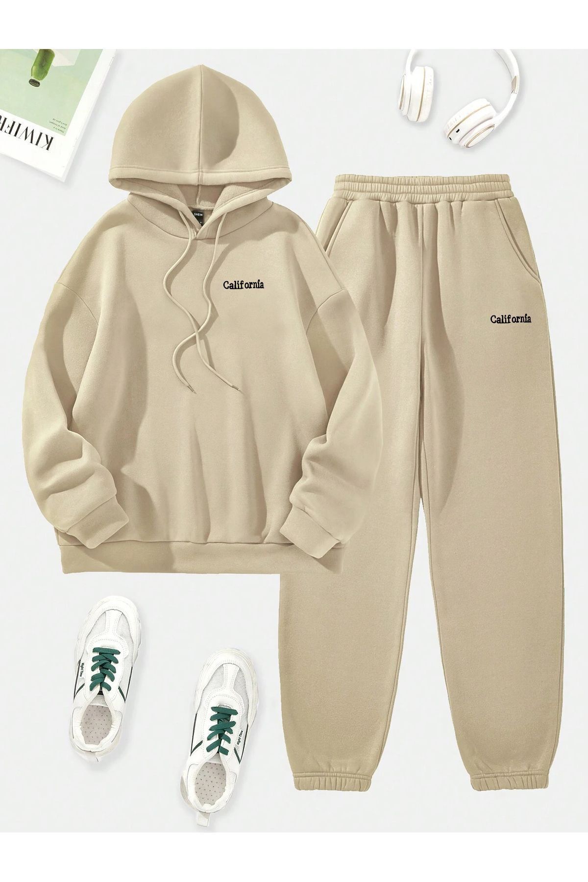 California Yazı Sweatshirt Eşofman Altı Jogger - Bej Baskılı Alt Üst Eşofman Takımı Kapüşonlu — بژ TYCWXDTN0N170453354942185