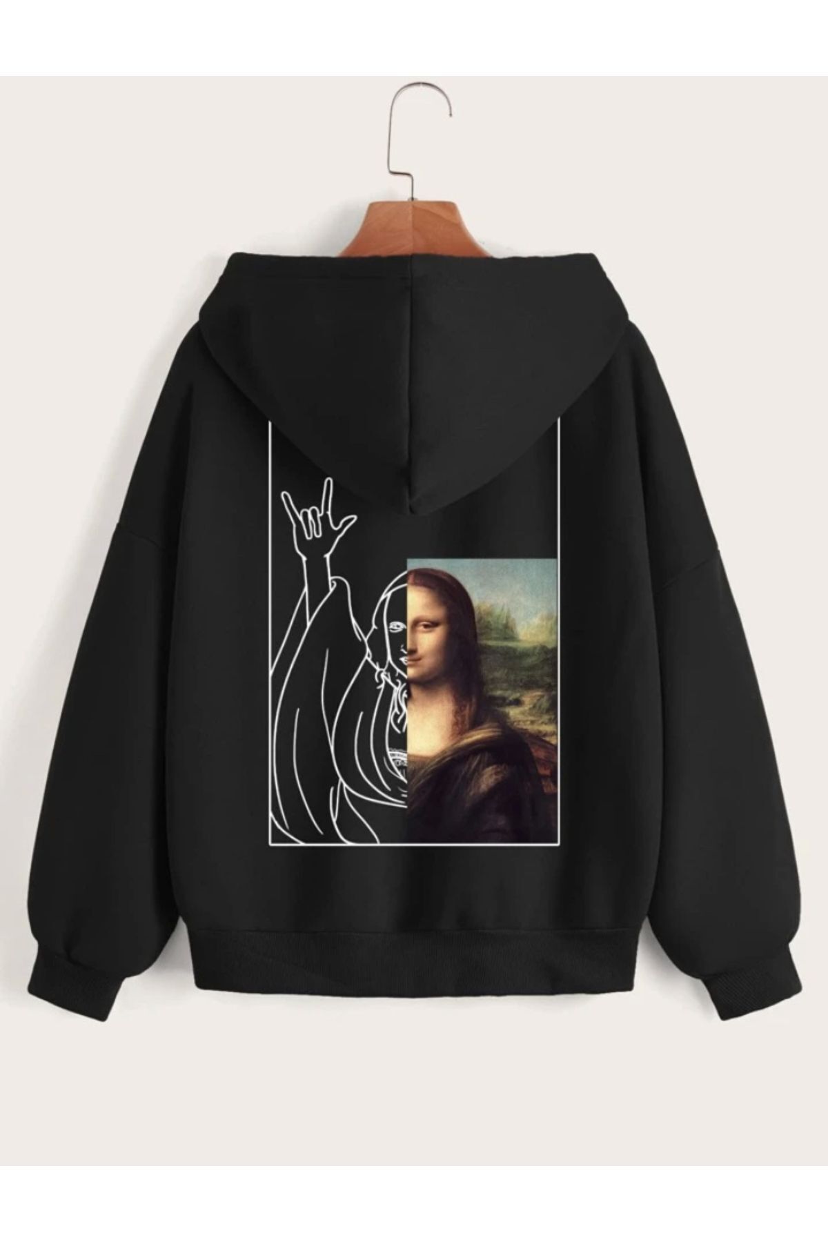 Unisex Mona Lisa Baskılı Fermuarlı Hırka — مشکی F2S00001