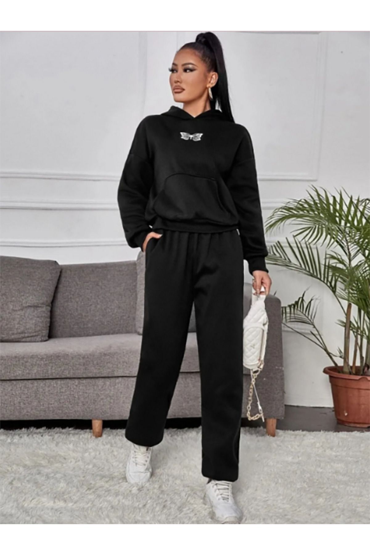 Siyah Kelebek Baskılı Oversize kapüşonlu alt üst eşofman takımı Lastik Paça — مشکی TYCD1A8LMN169364968623045 — تصویر 5 از 5