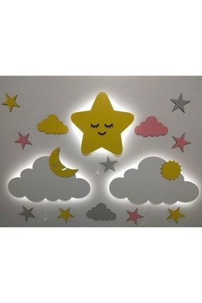 Işıklı Sevimli Yıldız Bulut 2 Li Isimli Ahşap Gece Lambası Ledli Dekoratif Aydınlatma Çocuk Odası fbrkahsp0456
