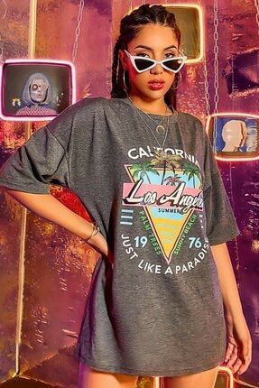 Kadın Gri Siyah Los Angeles Palmiye Oversize T-shirt PALMİYE