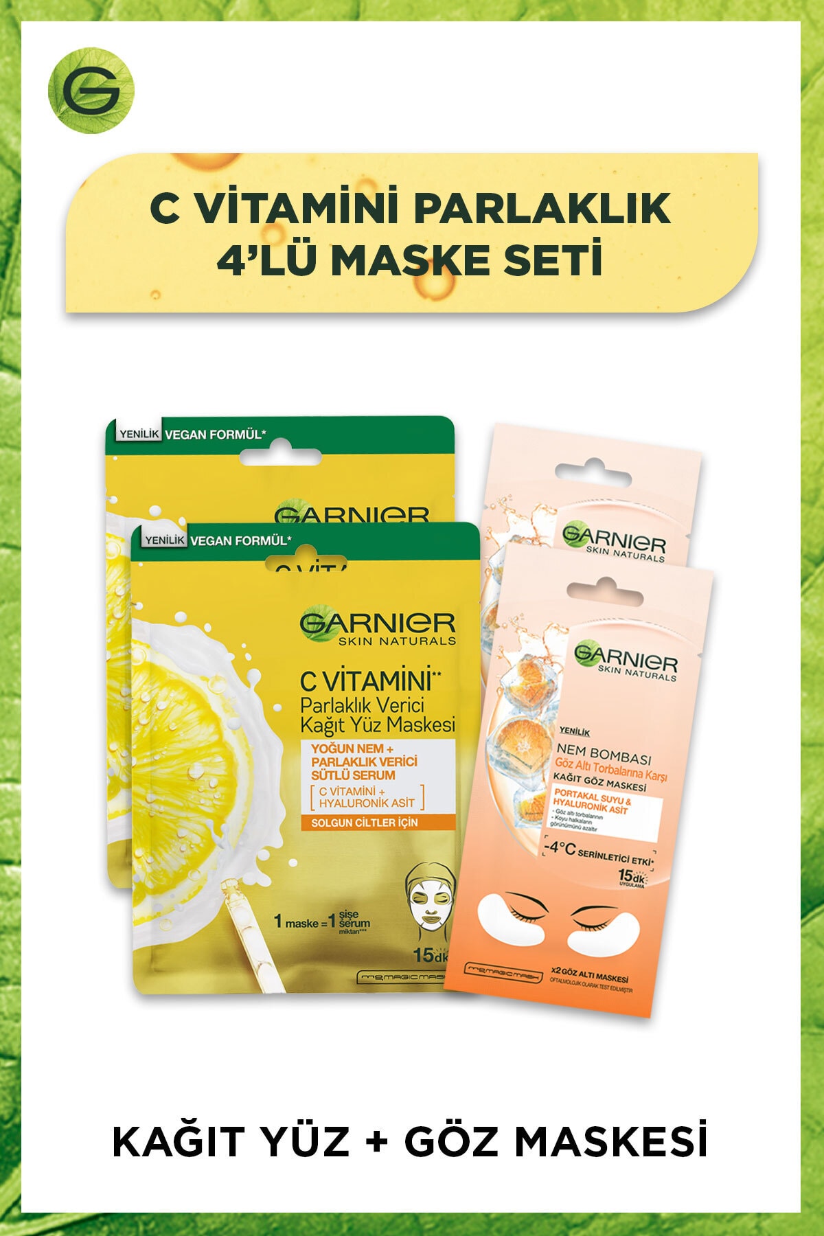 Garnier C Vitamini Parlaklık Verici Yüz Maskesi & Göz Altı Torbalarına Karşı Göz Maskesi 4'lü Set