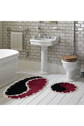 Çift Renk Dantelli Astragan 2 Li Banyo Takımı Bordo/siyah ASTRGN-40