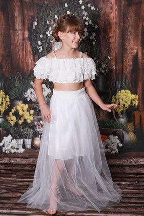Kız Çocuk Beyaz Abiye Güpürlü Elbise Abiye İkili Takım BHK000IKA