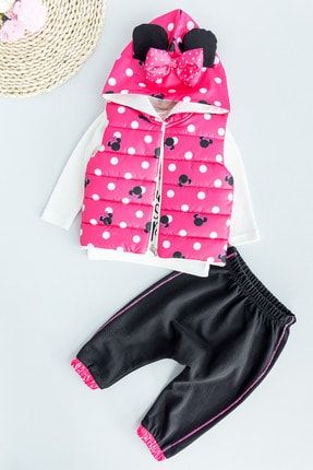 Minnie Mouse Figürlü Kapüşonlu Şişme Yelekli 3 Parça Kız Bebek Takım Babymod-DM1B7661065040