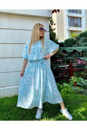 Mavi Batik Desen Yarasa Kol Elbise elbs00040